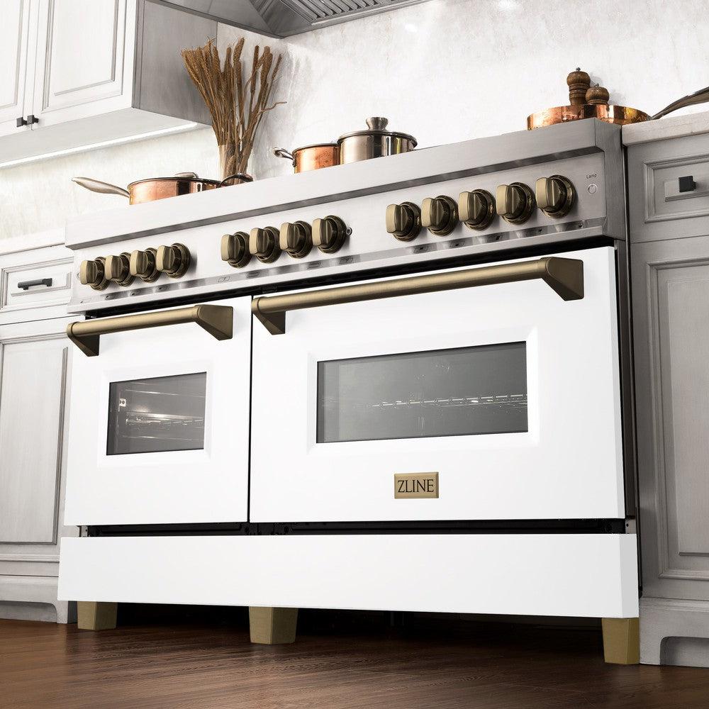 ZLINE Autograph Edition 60 in. Dual Fuel Range 7.4 cu. ft. Gas Cooktop & Electric Convection Oven with White Matte Door and Champagne Bronze Accents (RAZ-WM-60-CB)