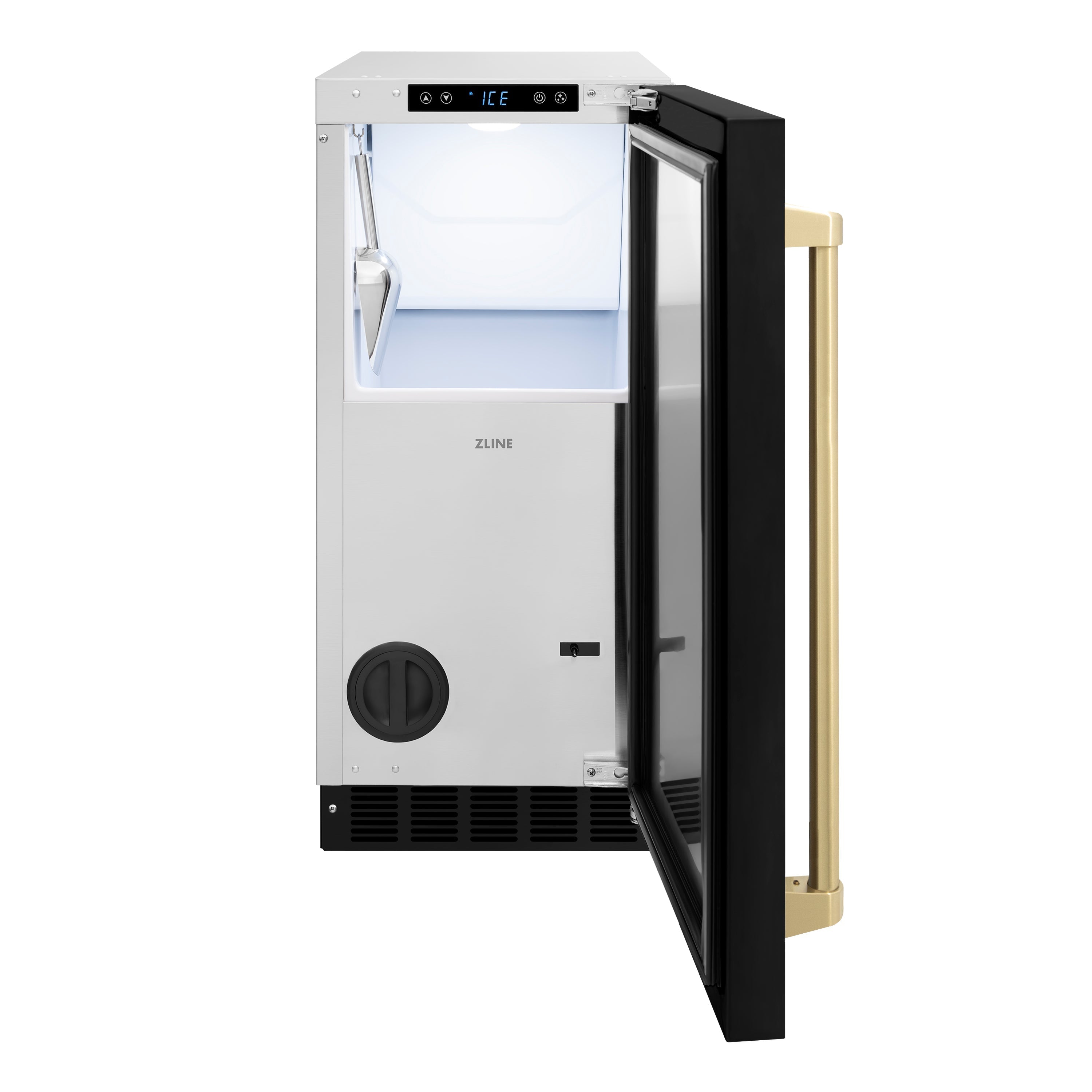 ZLINE Autograph 15" Touchstone Clear Cube Ice Maker with Drain Pump and Black Matte Door with Champagne Bronze Handle, ICCDZ-BLM-15-CB