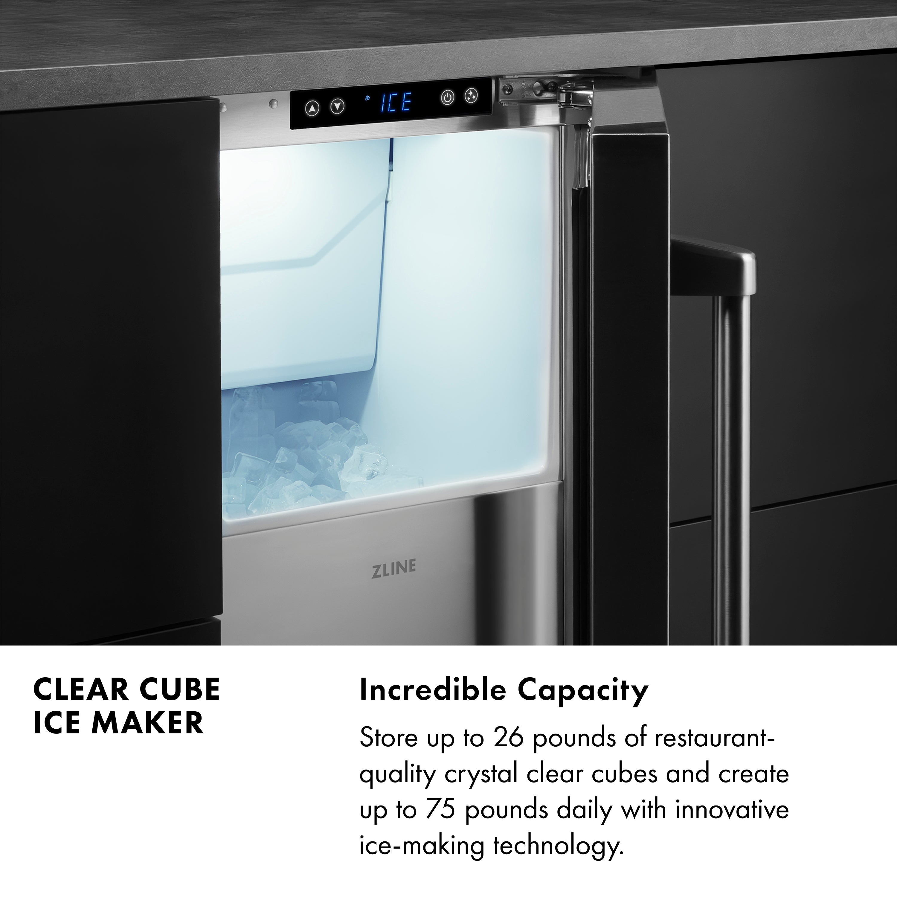 ZLINE Autograph 15" Touchstone Clear Cube Ice Maker with Drain Pump and Solid Stainless Steel Door with Polished Gold Handle, ICCDZ-ST-15-G