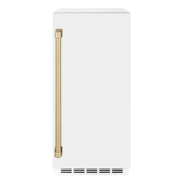 ZLINE Autograph 15" Touchstone Clear Cube Ice Maker with Drain Pump and White Matte Door with Champagne Bronze Handle, ICCDZ-WM-15-CB
