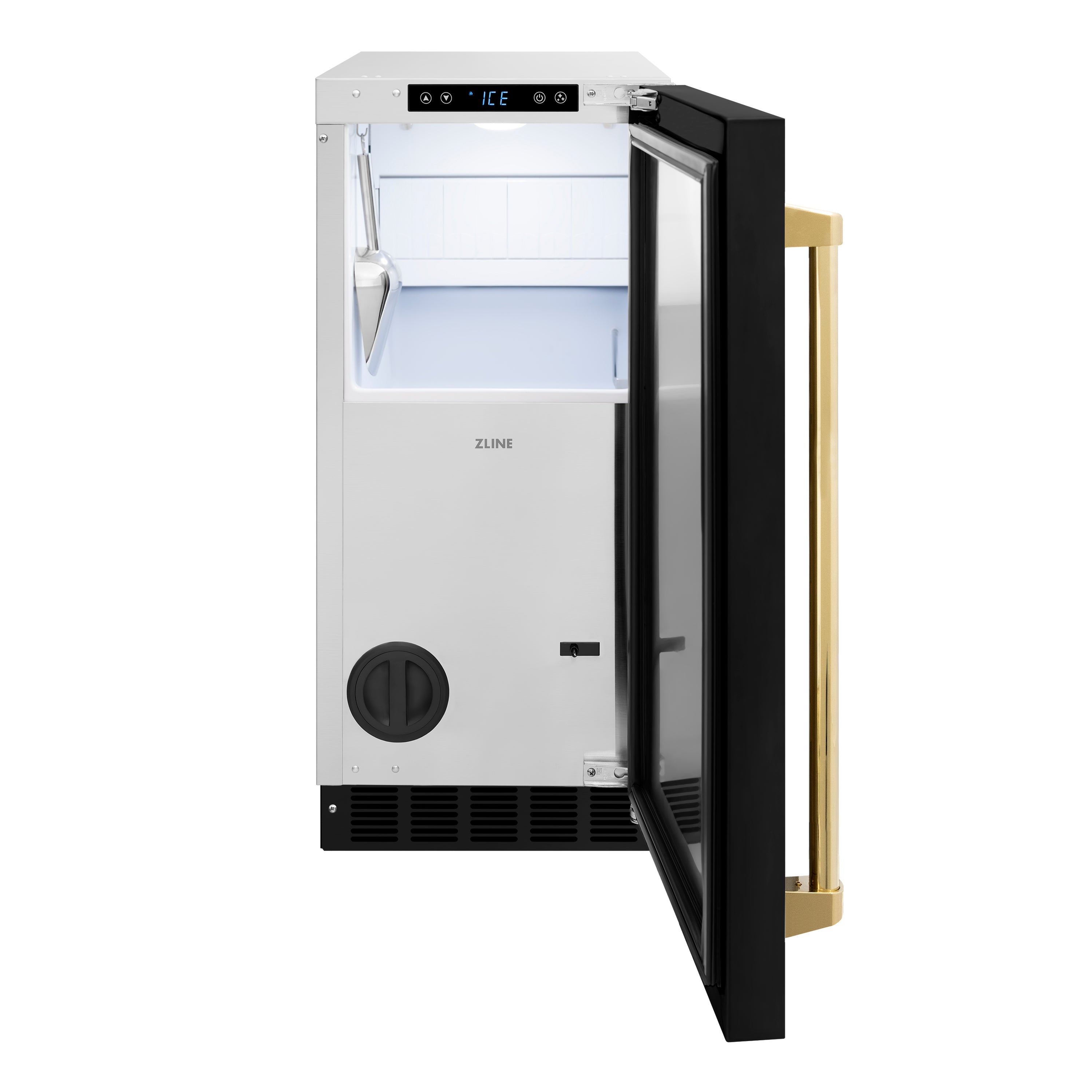 ZLINE Autograph 15" Touchstone Gourmet Ice Maker with Drain Pump and Black Matte Door with Polished Gold Handle, IGMDZ-BLM-15-G