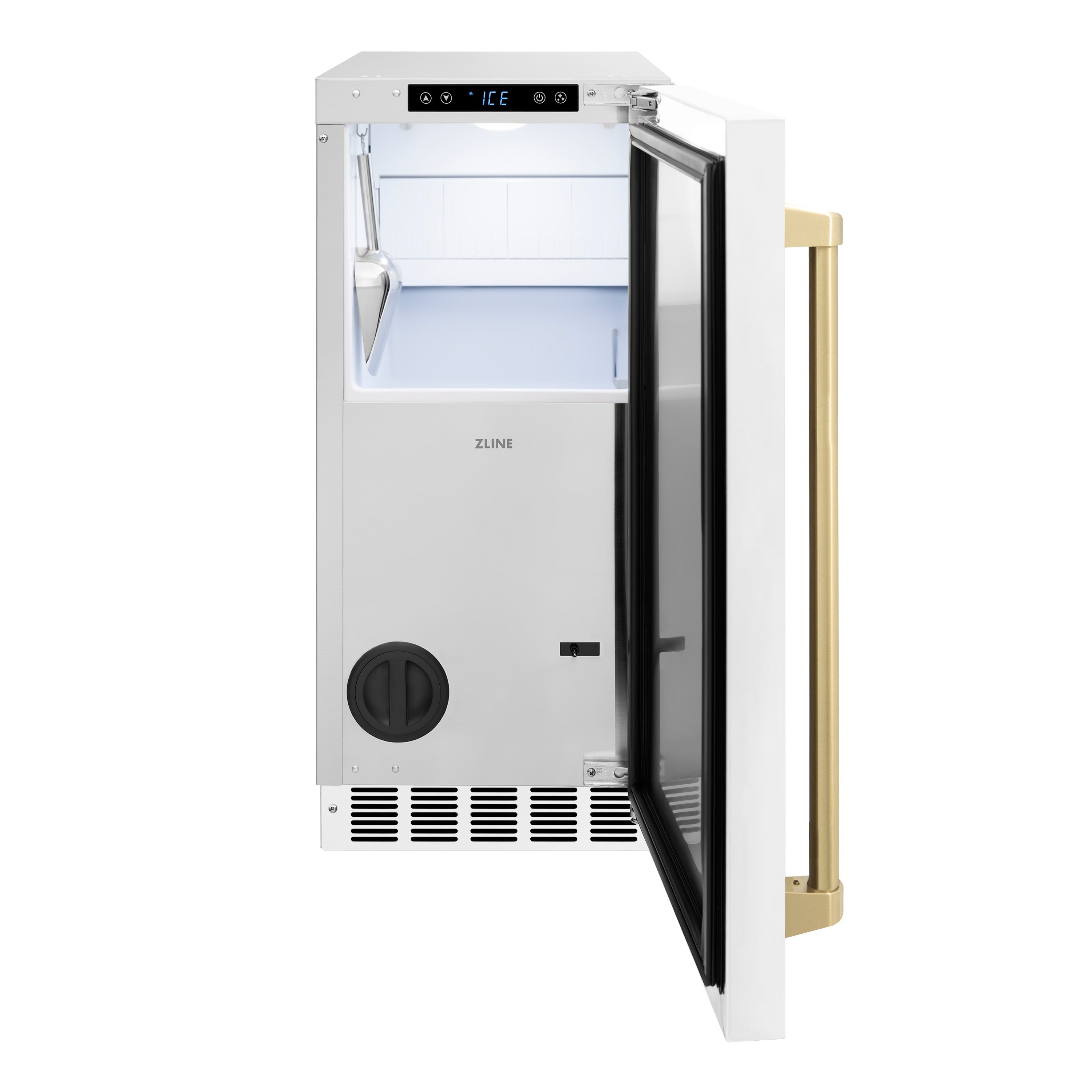 ZLINE Autograph 15" Touchstone Gourmet Ice Maker with Drain Pump and White Matte Door with Champagne Bronze Handle, IGMDZ-WM-15-CB