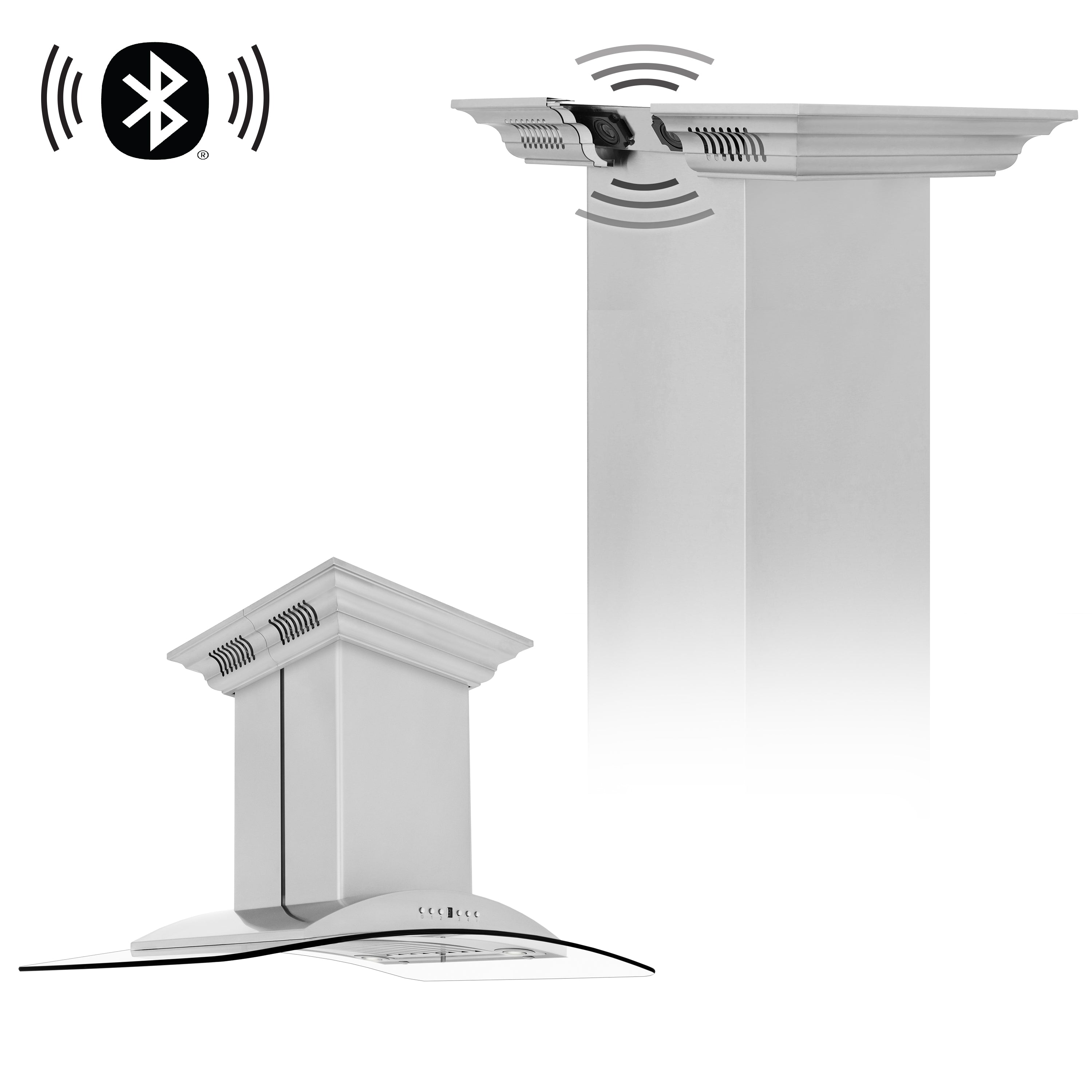 ZLINE 36 in Island Mount Range Hood 400 CFM Stainless Steel CrownSound Bluetooth Speakers (GL9iCRN-BT-36)