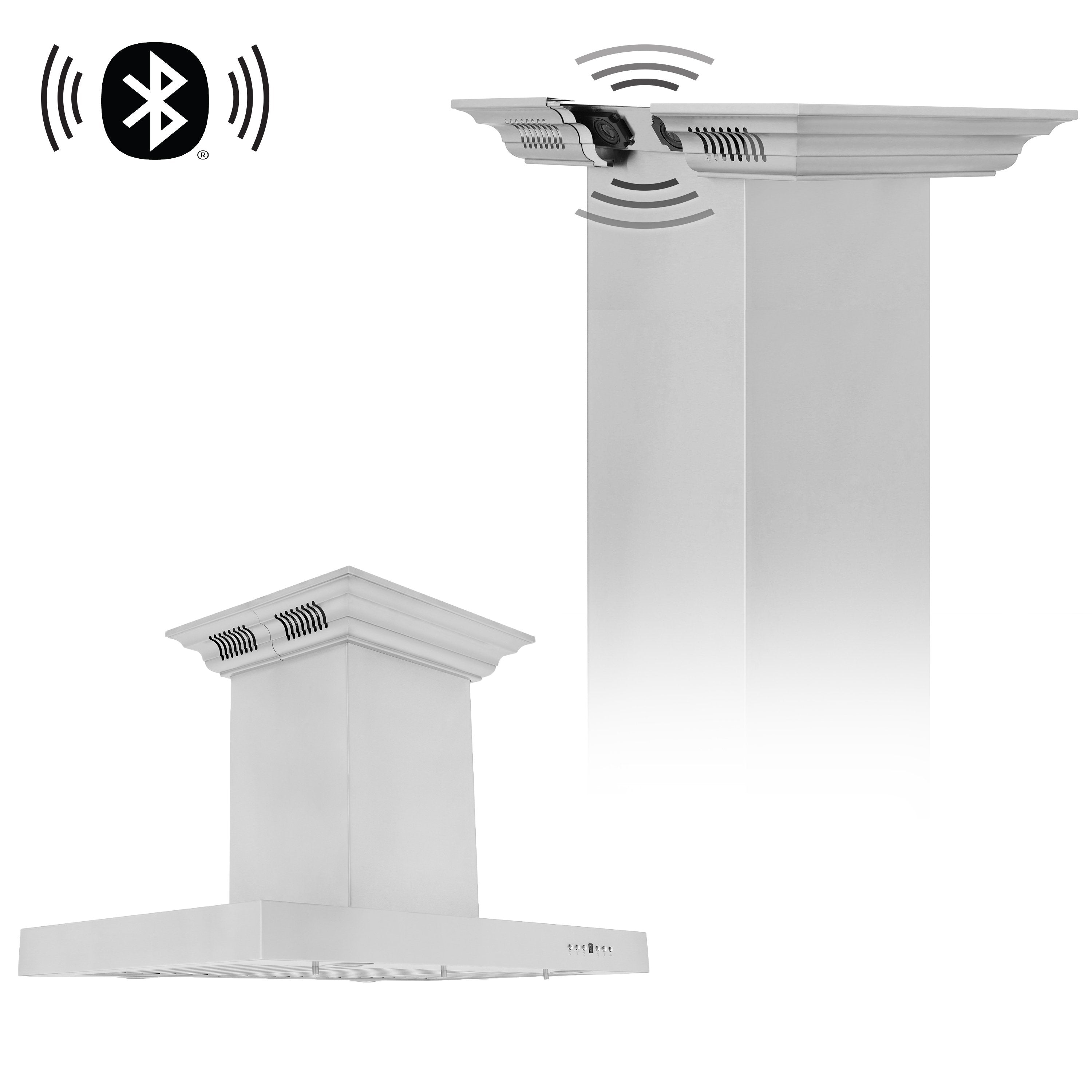 ZLINE 36 in. Island Mount Range Hood with CrownSound Bluetooth Speakers, Stainless Steel, 400 CFM, KE2iCRN-BT-36