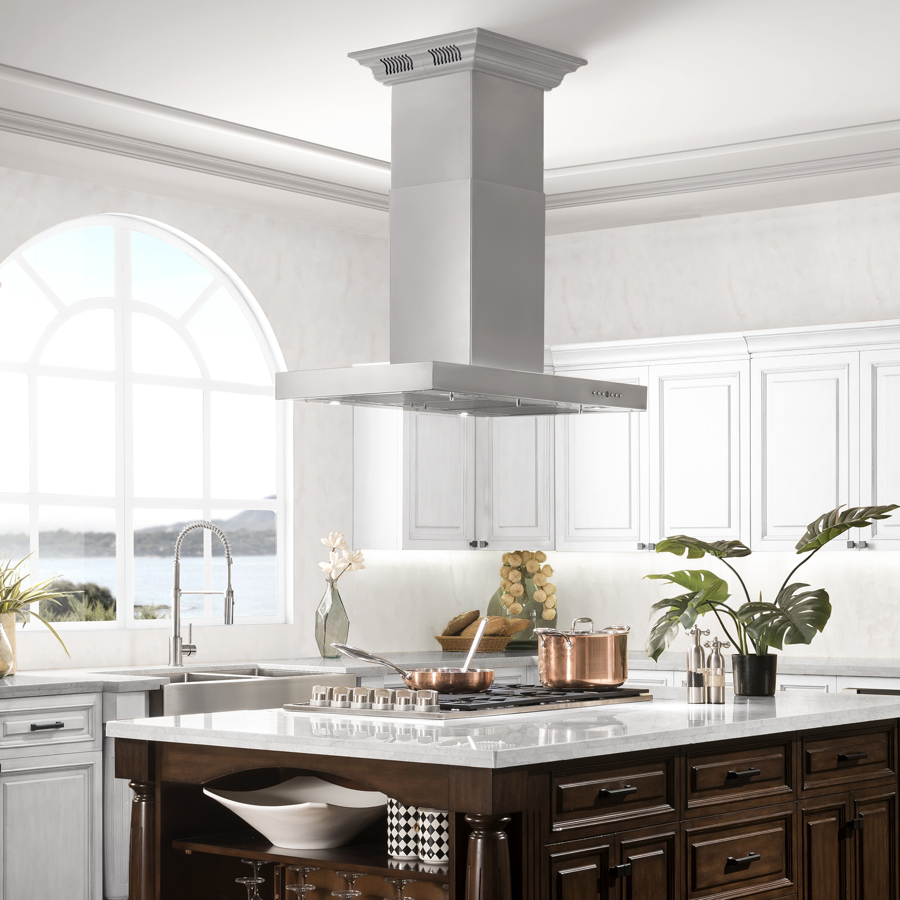 ZLINE 30 in Island Mount Range Hood 400 CFM Stainless Steel CrownSound Bluetooth Built-In Speakers (KE2iCRN-BT-30)