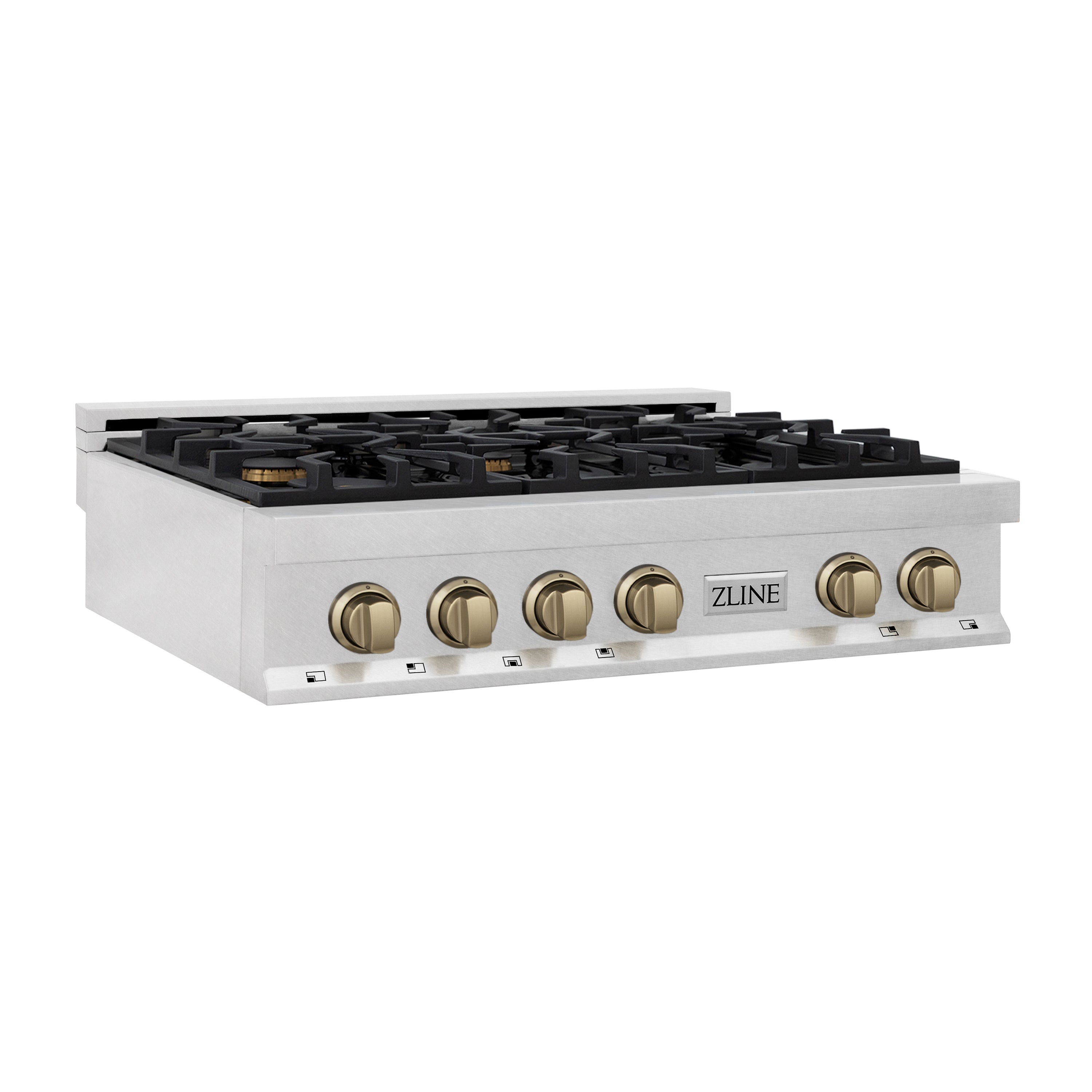 ZLINE Autograph 36" Legacy Gas Rangetop with 6 Burners and Porcelain Cooktop in Satin Stainless Steel with Champagne Bronze Accents, RTSZ-36-CB