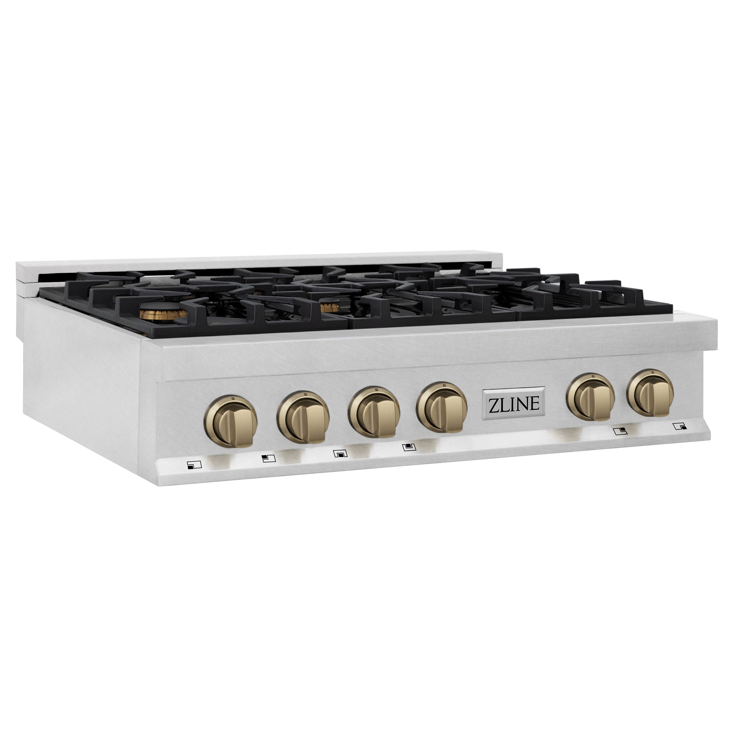 ZLINE Autograph 36" Legacy Gas Rangetop with 6 Burners and Porcelain Cooktop in Satin Stainless Steel with Champagne Bronze Accents, RTSZ-36-CB