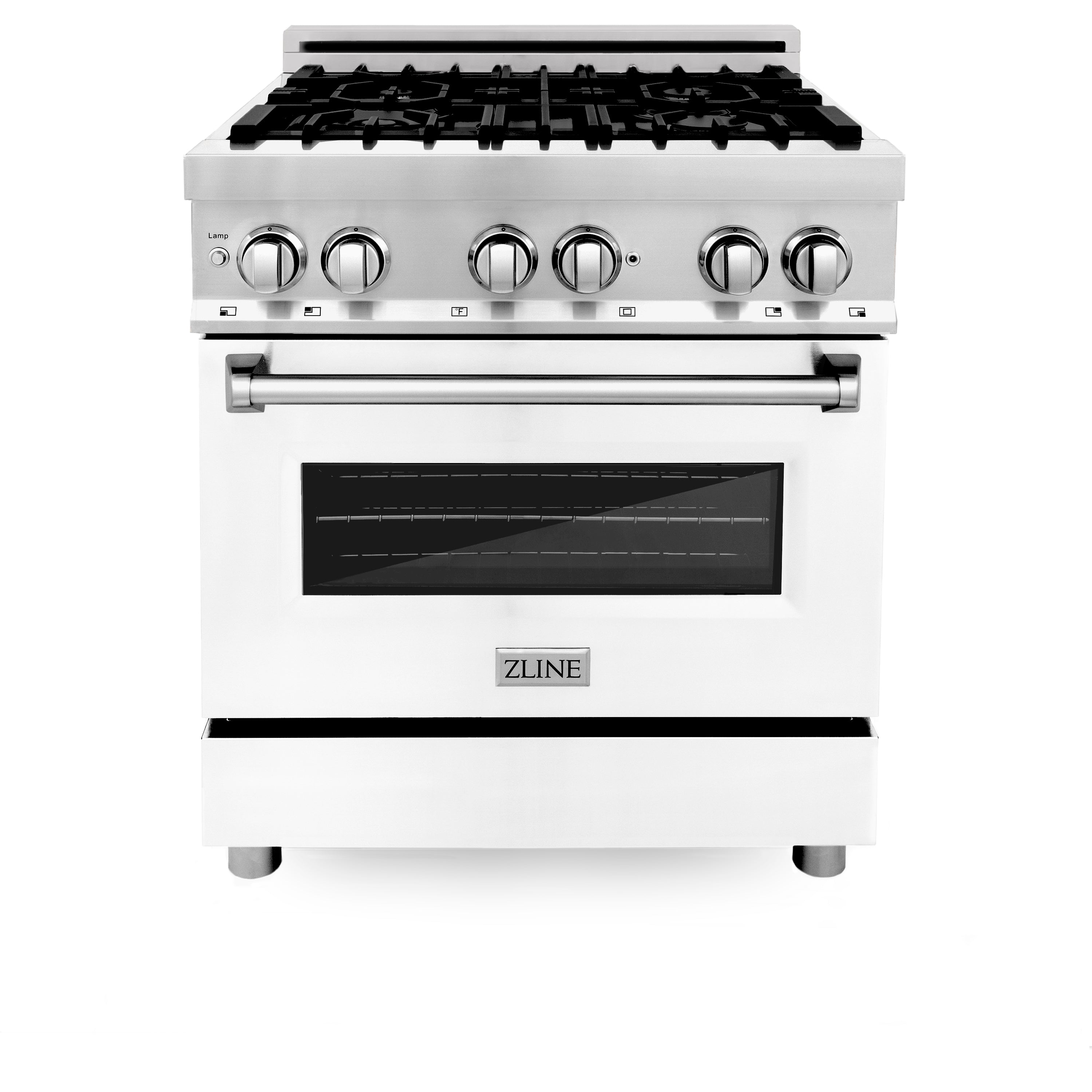 ZLINE 30-Inch Dual Fuel Range with Gas Burners, Electric Oven, Griddle, and White Matte Door in Stainless Steel (4.0 cu. ft.), Model RA-WM-GR-30