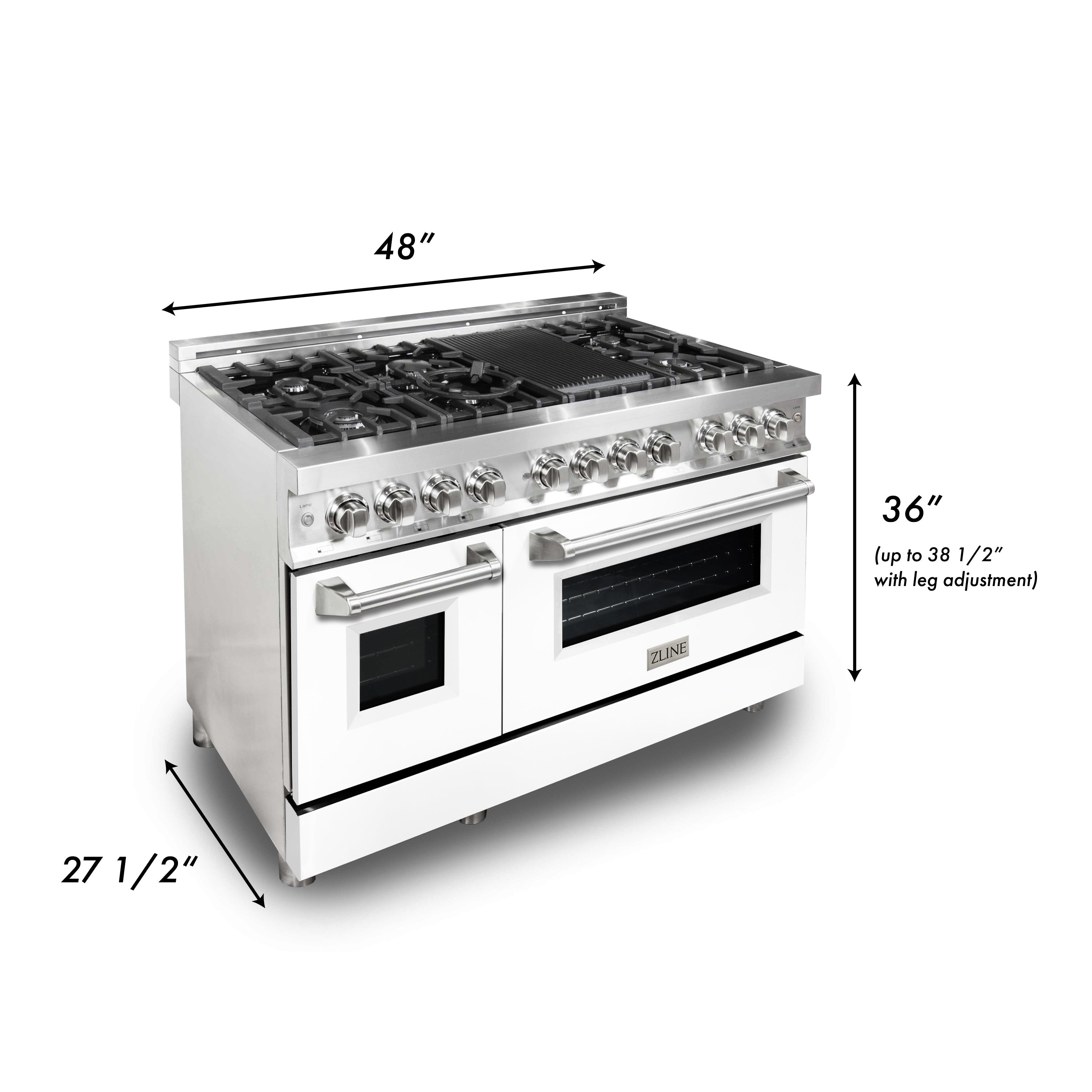ZLINE 48-Inch Dual Fuel Range with Gas Cooktop, Electric Oven, Griddle, 6.0 cu. ft., White Matte Door, Stainless Steel (RA-WM-GR-48)