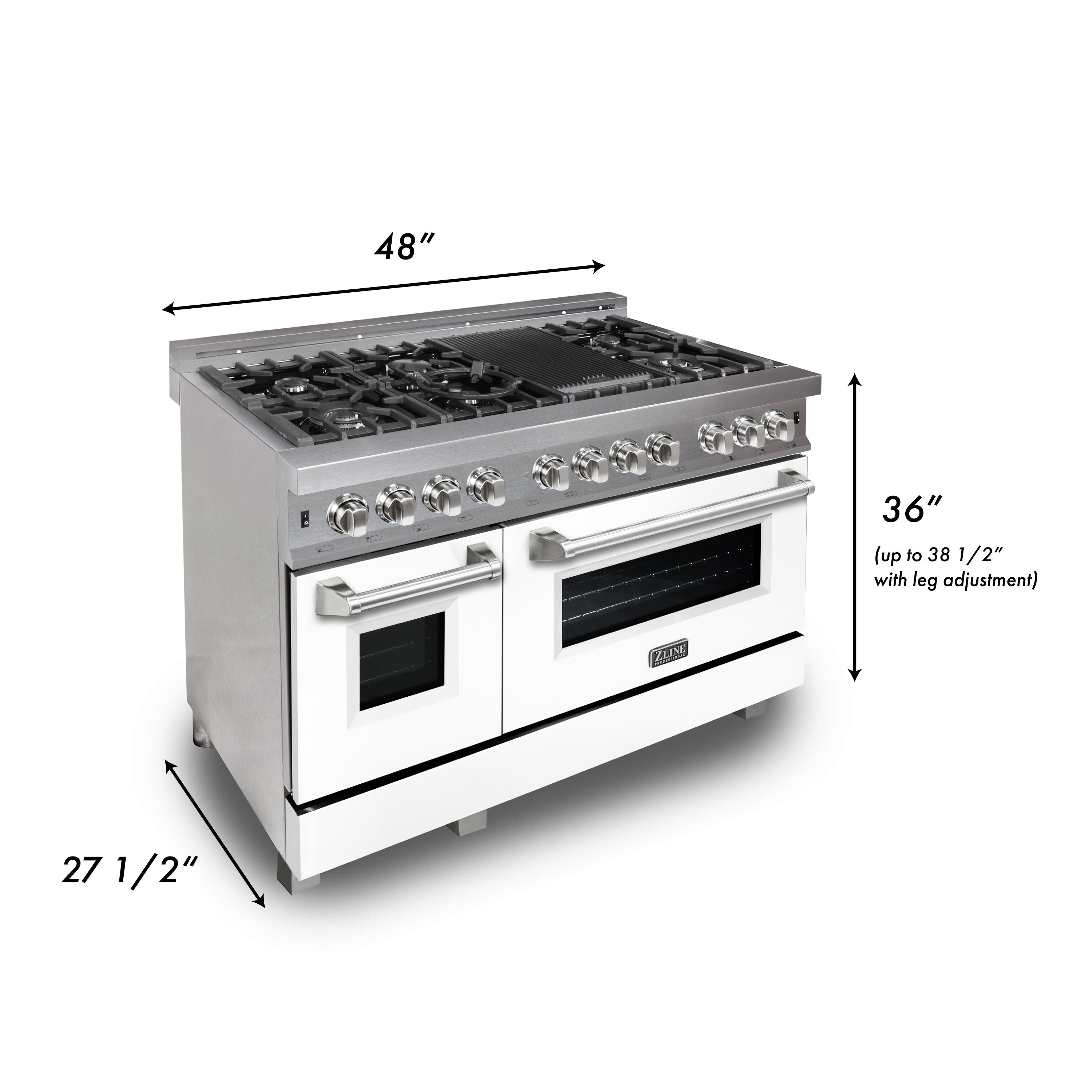 ZLINE 48 in. Legacy Dual Fuel Range, 7 Burner Gas Cooktop with Griddle, Double Electric Convection Ovens, Satin Stainless Steel with White Matte Doors, 6.0 cu. ft. (RAS-WM-GR-48)