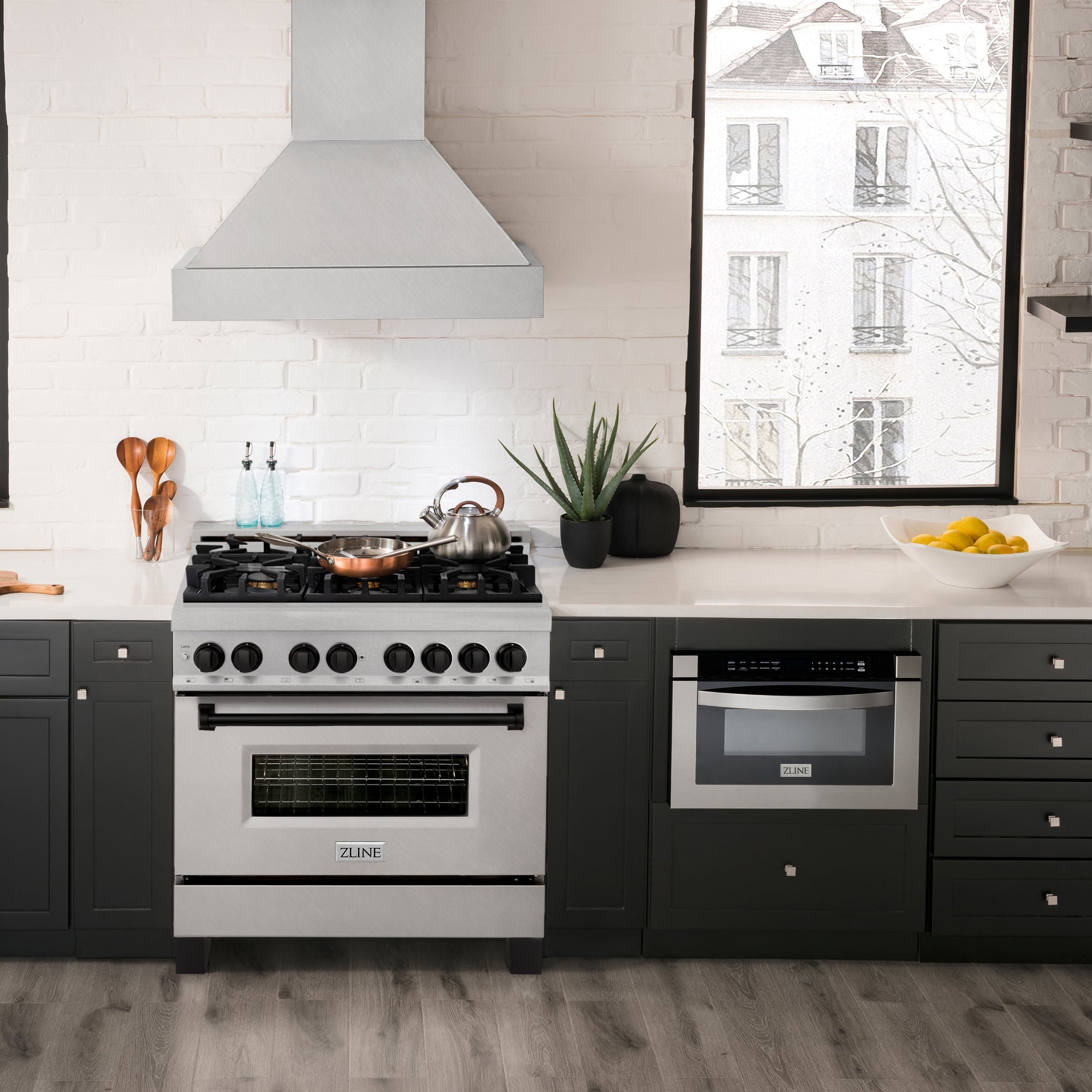 ZLINE Autograph 36 in. 4.6 cu. ft. Legacy Dual Fuel Range with 6 Gas Burners and Electric Convection Oven in Satin Stainless Steel with Matte Black Accents (RASZ-SN-36-MB)