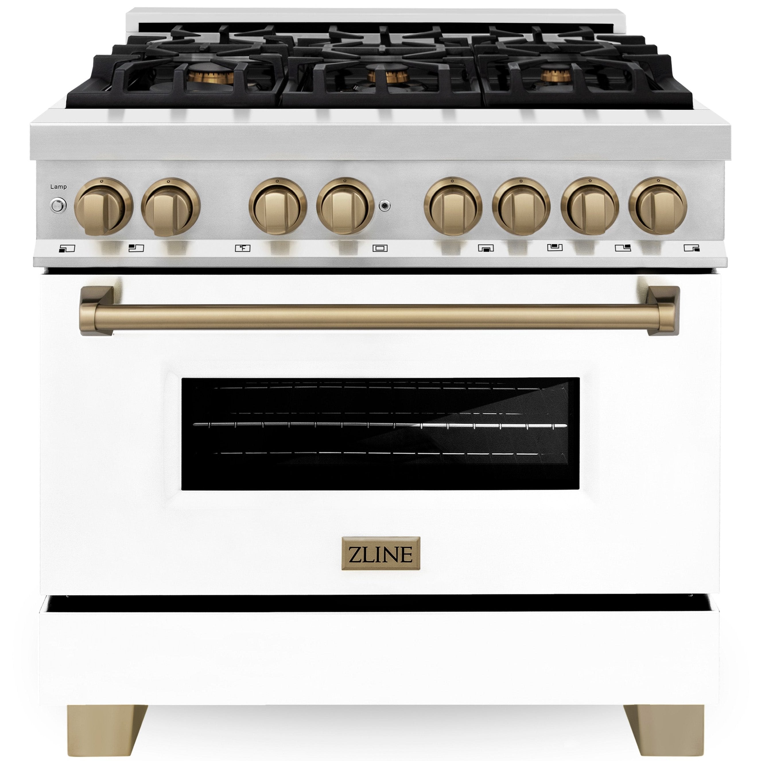 ZLINE Autograph Edition 36 in. 4.6 cu. ft. Dual Fuel Range with Gas Cooktop and Electric Convection Oven, White Matte Door with Champagne Bronze Accents (RAZ-WM-36-CB)