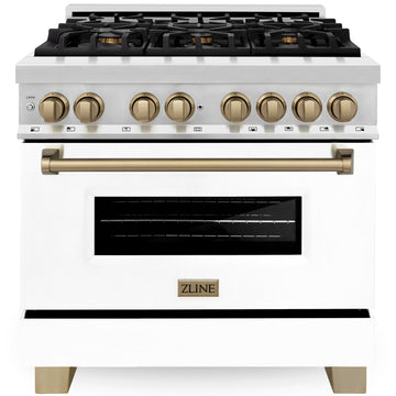 ZLINE Autograph Edition 36 in. 4.6 cu. ft. Dual Fuel Range with Gas Cooktop and Electric Convection Oven, White Matte Door with Champagne Bronze Accents (RAZ-WM-36-CB)