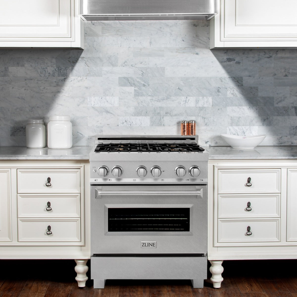ZLINE Legacy 30 in. 4.0 cu. ft. Dual Fuel Range with 4 Brass Burners, Gas Cooktop and Electric Convection Oven, Satin Stainless Steel (RAS-SN-BR-30)