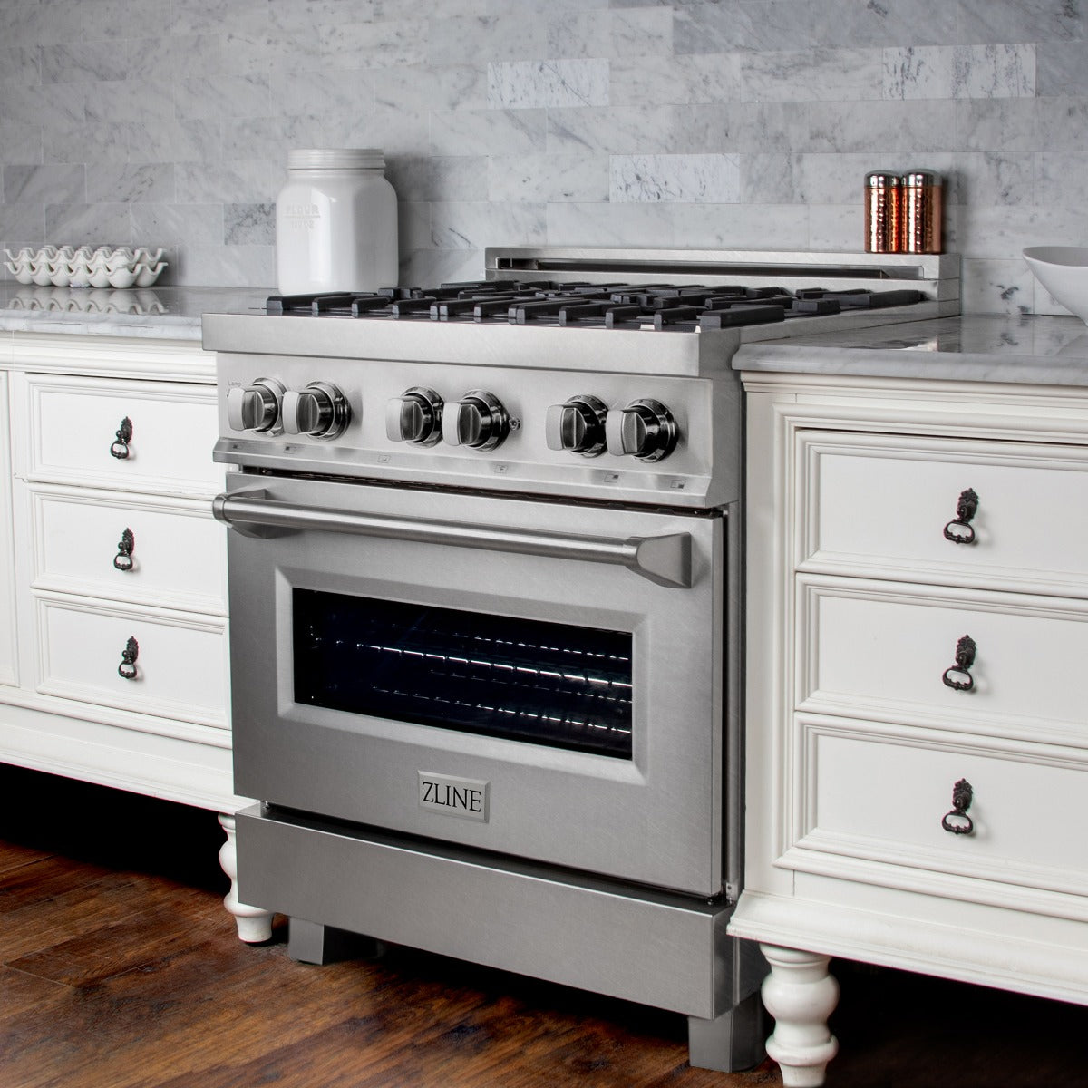 ZLINE Legacy 30 in. 4.0 cu. ft. Dual Fuel Range with 4 Brass Burners, Gas Cooktop and Electric Convection Oven, Satin Stainless Steel (RAS-SN-BR-30)