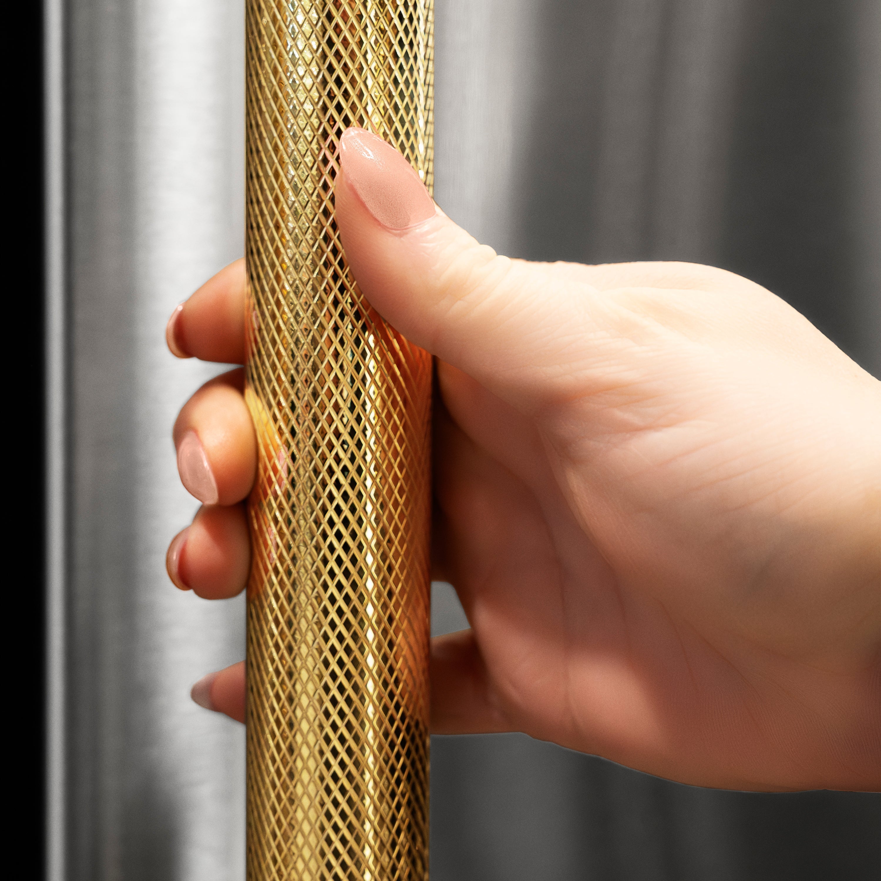 ZLINE 36 in. Built-In French Door Refrigerator 19.6 cu. ft. Bottom Freezer, Water Dispenser, Ice Maker, Stainless Steel, Graphite Gray Interior, Polished Gold Helix Handles (GRBIVZ-30436KG)