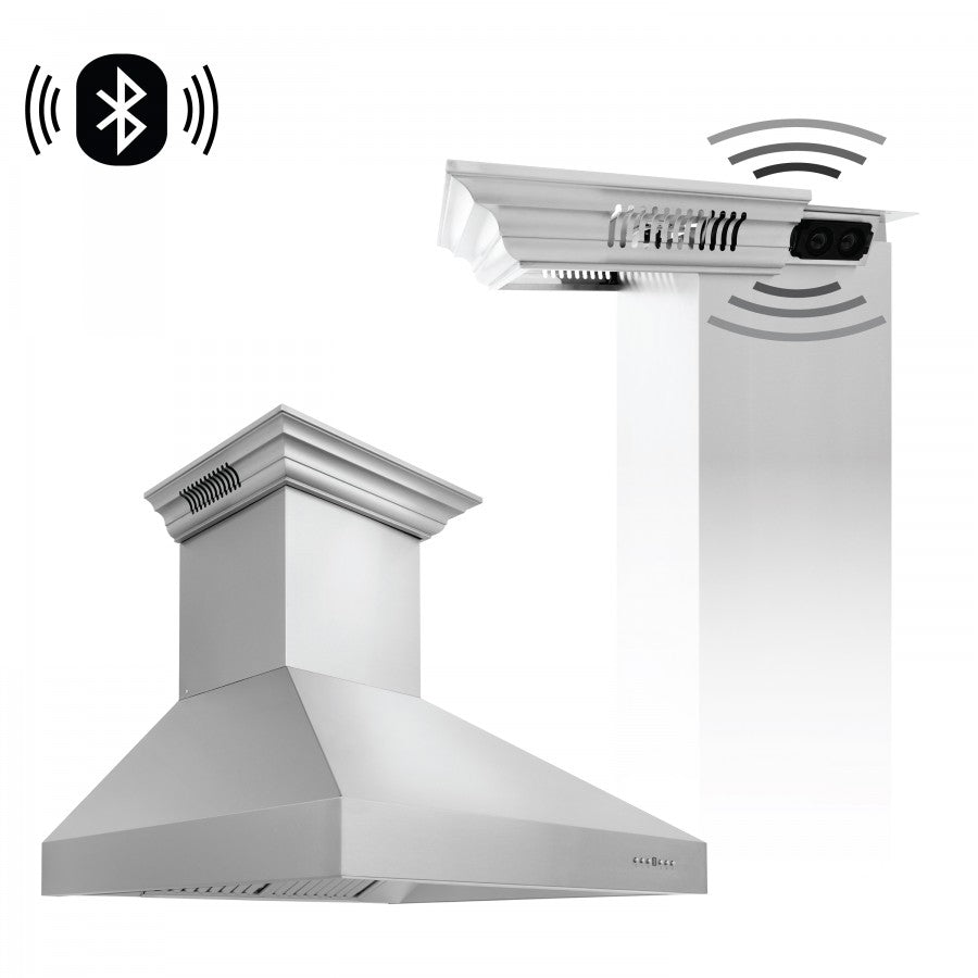 ZLINE 30 in. Wall Mount Range Hood, Stainless Steel, 400 CFM, 4-Speed Fan, CrownSound® Bluetooth Speakers (697CRN-BT-30)