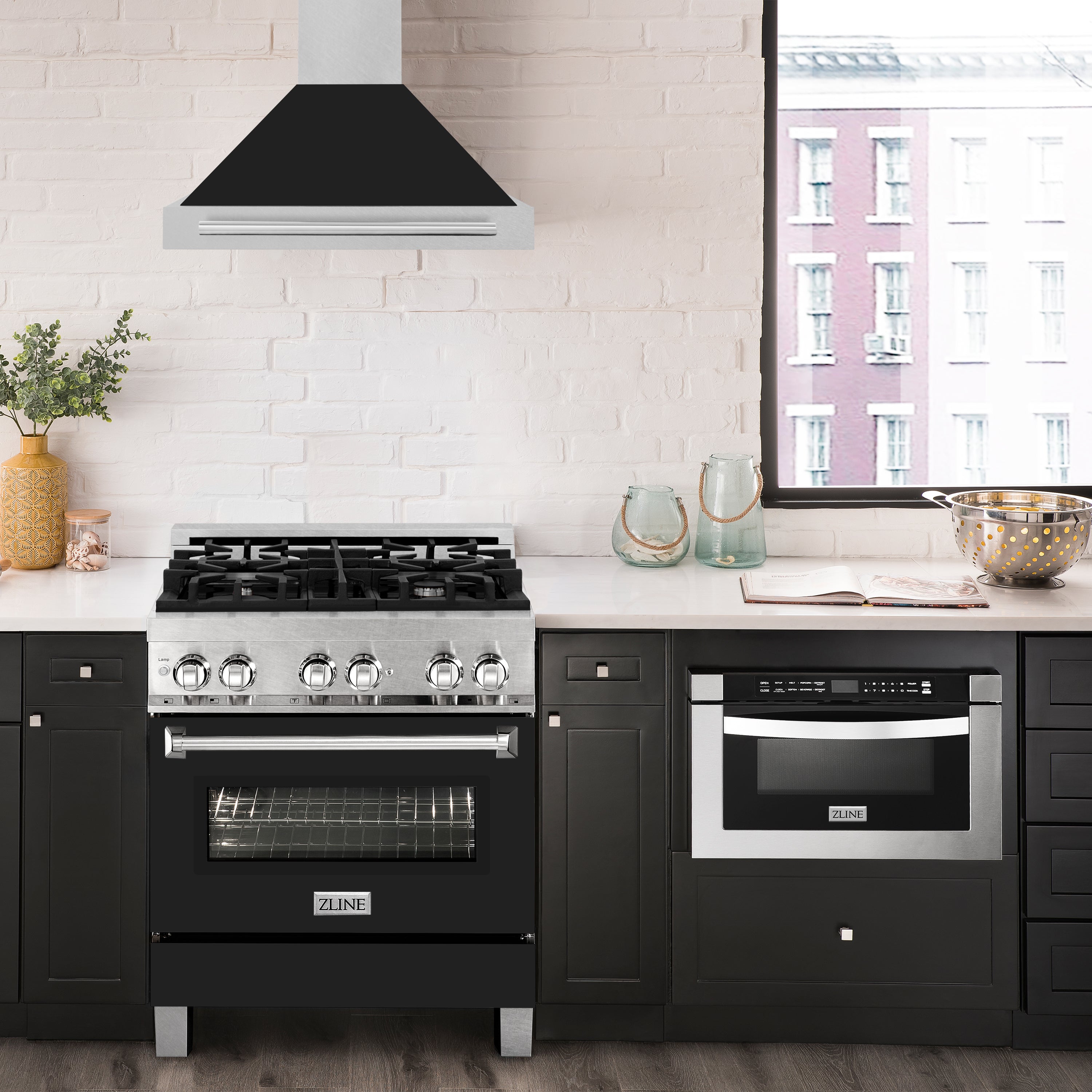 ZLINE 30 in Wall Mount Range Hood Convertible Satin Stainless Steel Black Matte Shell 400 CFM KB4SNX-BLM-30