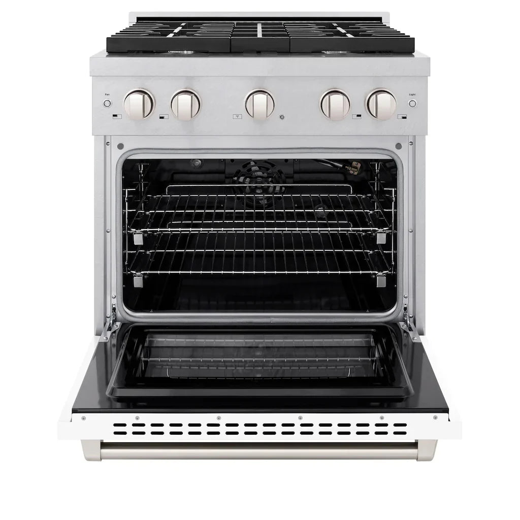 ZLINE 30-Inch Paramount Gas Range 4.2 cu. ft. Convection Oven with 4 Burner Cooktop, Satin Stainless Steel with White Matte Door (SGRS-WM-30)