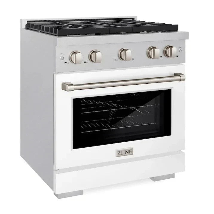 ZLINE 30-Inch Paramount Gas Range 4.2 cu. ft. Convection Oven with 4 Burner Cooktop, Satin Stainless Steel with White Matte Door (SGRS-WM-30)