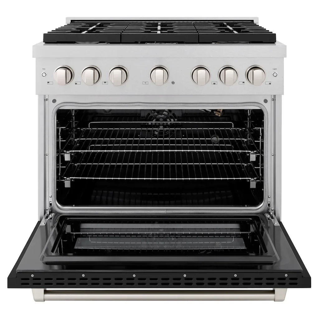 ZLINE 36 in. 5.2 cu. ft. Paramount Gas Range with 6 Burners and Convection Oven in Satin Stainless Steel with Black Matte Door (SGRS-BLM-36)