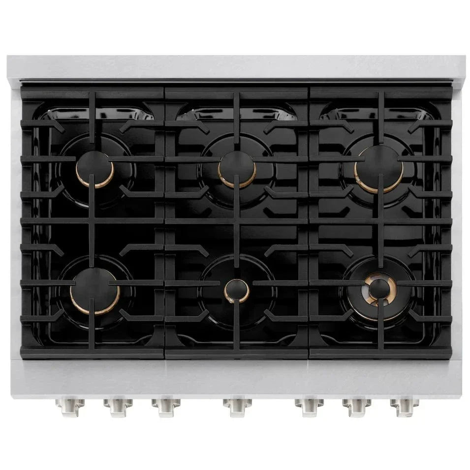 ZLINE 36 in. Paramount Gas Range with 6 Brass Burners and 5.2 cu. ft. Convection Gas Oven in Satin Stainless Steel (SGRS-BR-36)