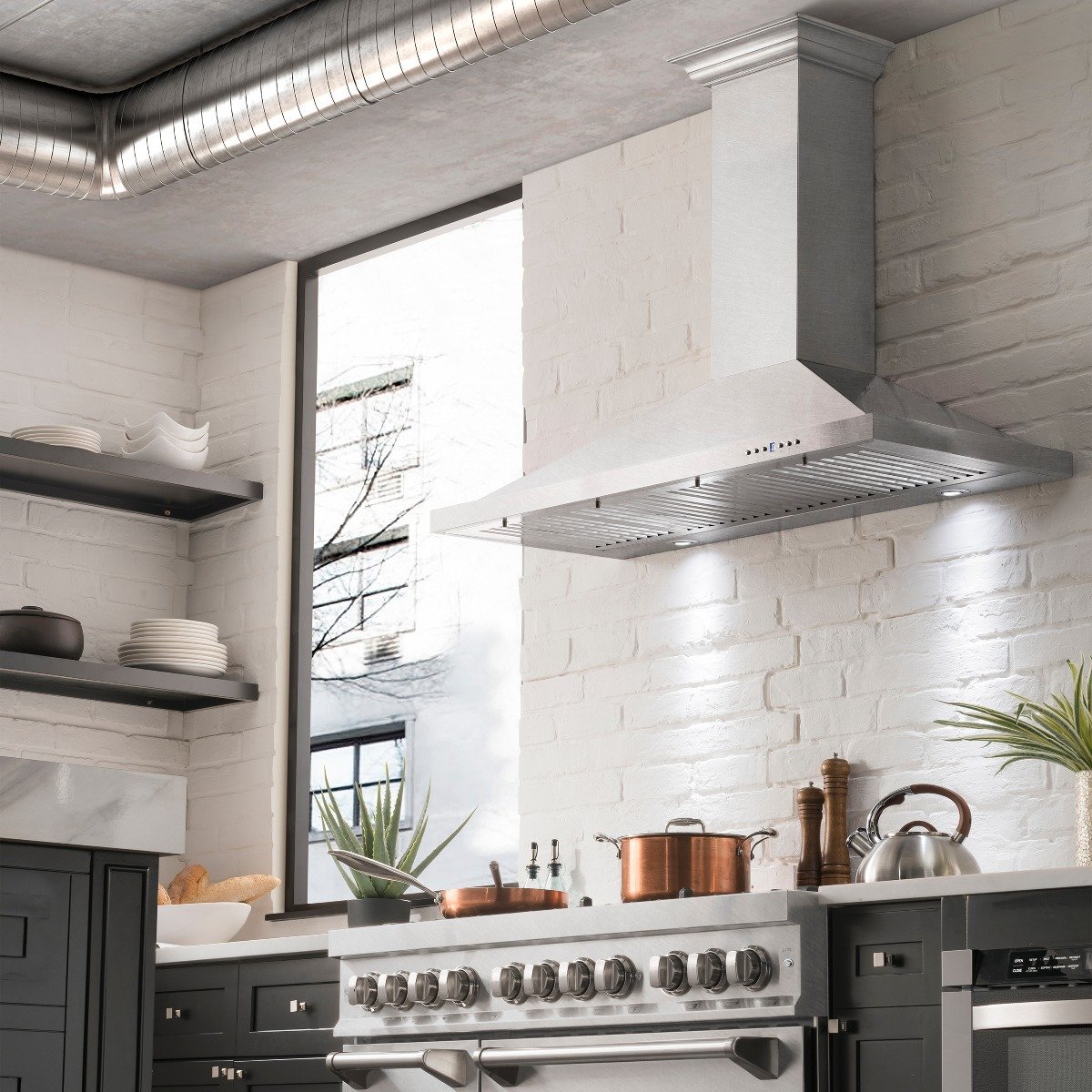 ZLINE 48 Inch Wall Mount Range Hood Convertible Vent Satin Stainless Steel Designer Series (8KBS-48)