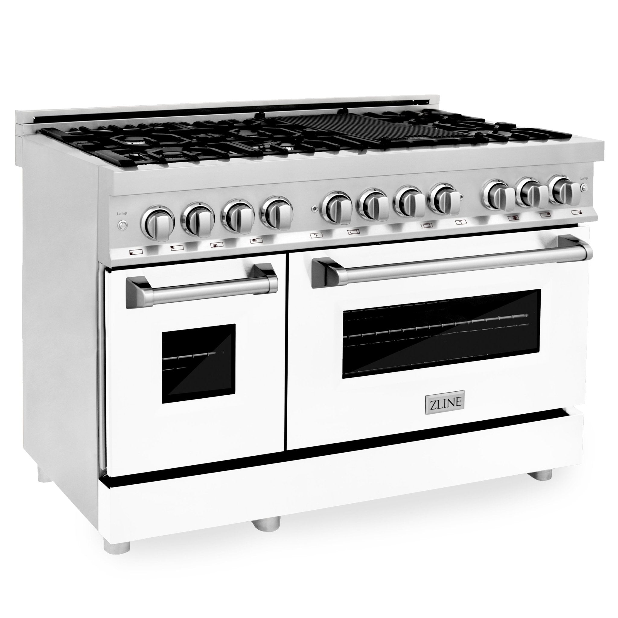 ZLINE 48 in. Legacy Dual Fuel Range, 7 Burner Gas Cooktop with Griddle, Double Electric Convection Ovens, Satin Stainless Steel with White Matte Doors, 6.0 cu. ft. (RAS-WM-GR-48)