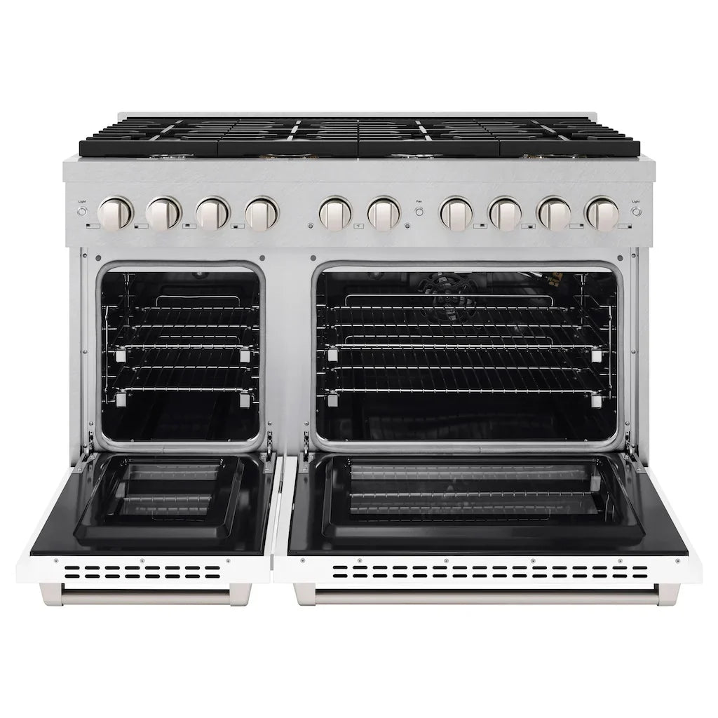 ZLINE 48 in. 6.7 cu. ft. Paramount Double Oven Gas Range with 8 Burners, Convection Oven, Satin Stainless Steel with White Matte Doors (SGRS-WM-48)