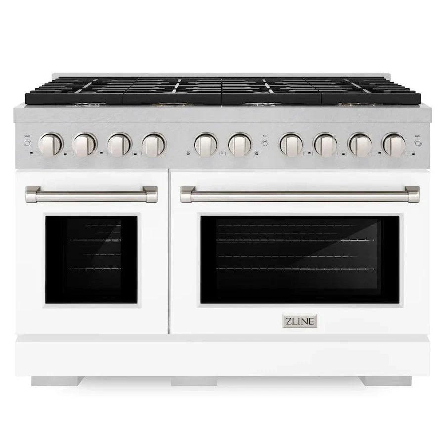 ZLINE 48 in. 6.7 cu. ft. Paramount Double Oven Gas Range with 8 Burners, Convection Oven, Satin Stainless Steel with White Matte Doors (SGRS-WM-48)