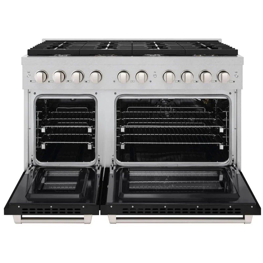 ZLINE 48 in. 6.7 cu. ft. Paramount Double Oven Gas Range with 8 Gas Burners, Satin Stainless Steel with Black Matte Doors (SGRS-BLM-48)