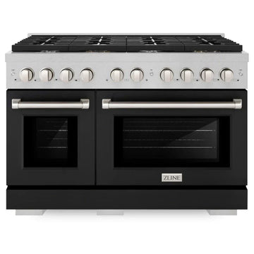 ZLINE 48 in. 6.7 cu. ft. Paramount Double Oven Gas Range with 8 Gas Burners, Satin Stainless Steel with Black Matte Doors (SGRS-BLM-48)