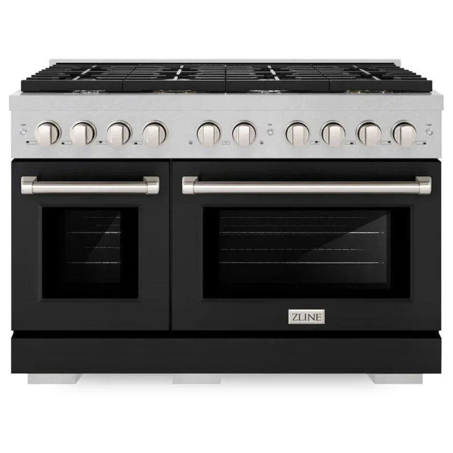 ZLINE 48 in. 6.7 cu. ft. Paramount Double Oven Gas Range with 8 Gas Burners, Satin Stainless Steel with Black Matte Doors (SGRS-BLM-48)