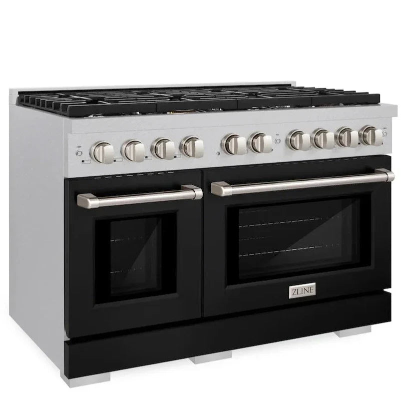 ZLINE 48 in. 6.7 cu. ft. Paramount Double Oven Gas Range with 8 Gas Burners, Satin Stainless Steel with Black Matte Doors (SGRS-BLM-48)