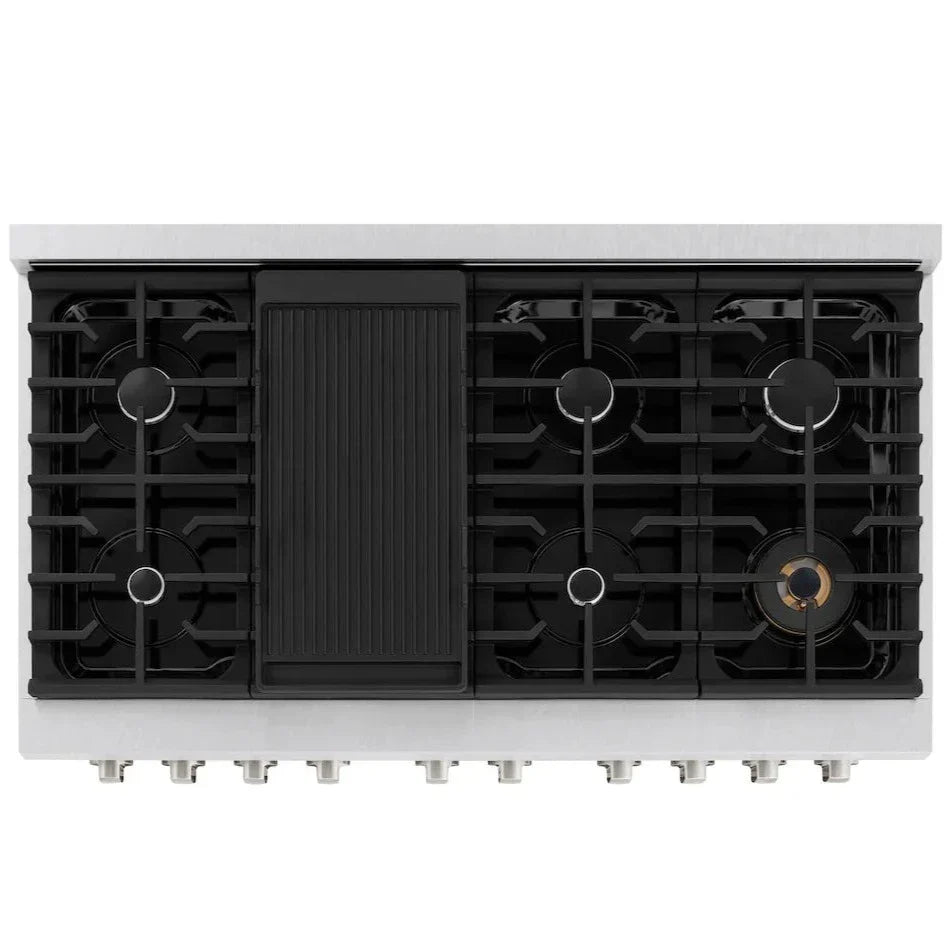 ZLINE 48 in. 6.7 cu. ft. Paramount Double Oven Gas Range with 8 Gas Burners, Satin Stainless Steel with Black Matte Doors (SGRS-BLM-48)