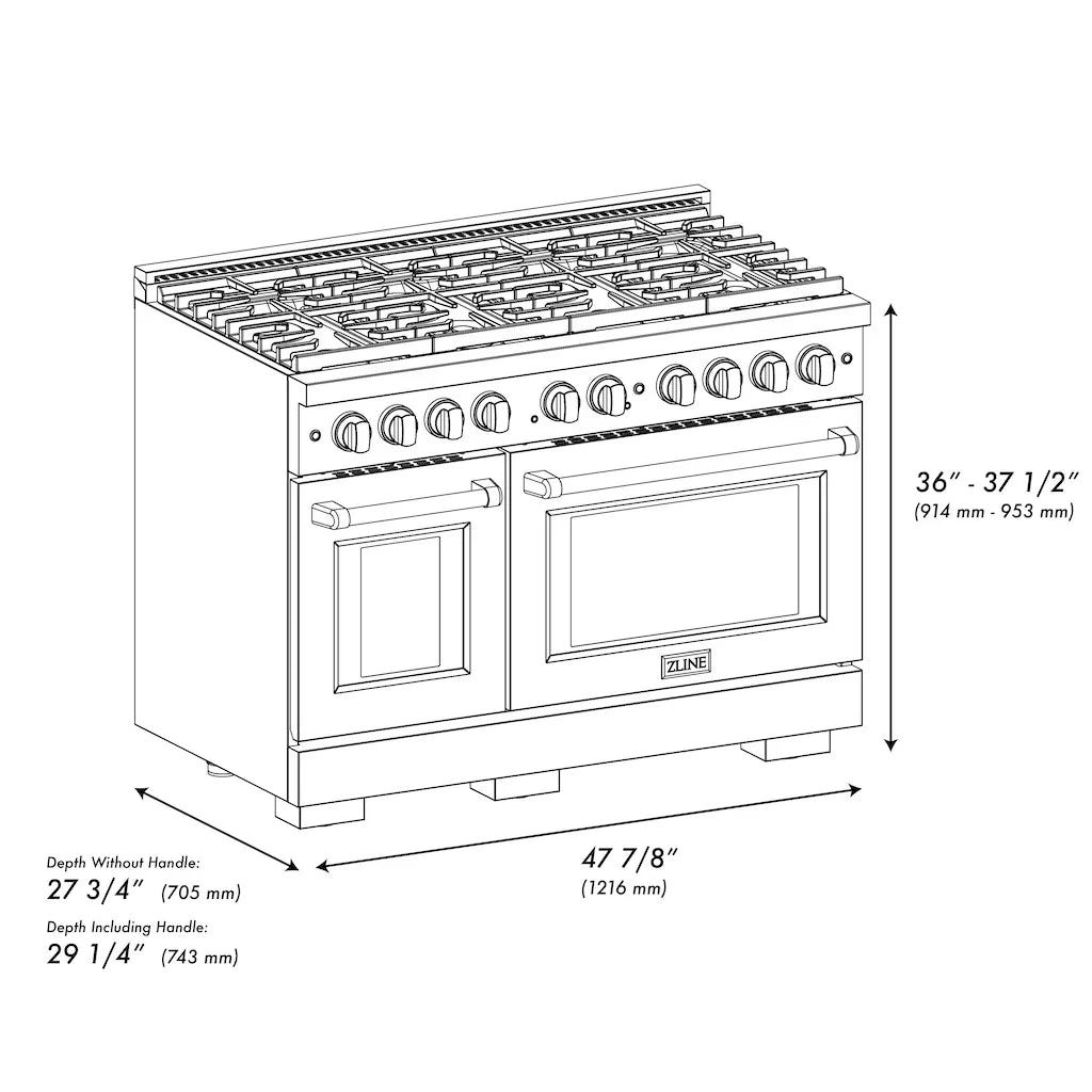 ZLINE 48 in. 6.7 cu. ft. Paramount Double Oven Gas Range with 8 Brass Burners in Satin Stainless Steel (SGRS-BR-48)
