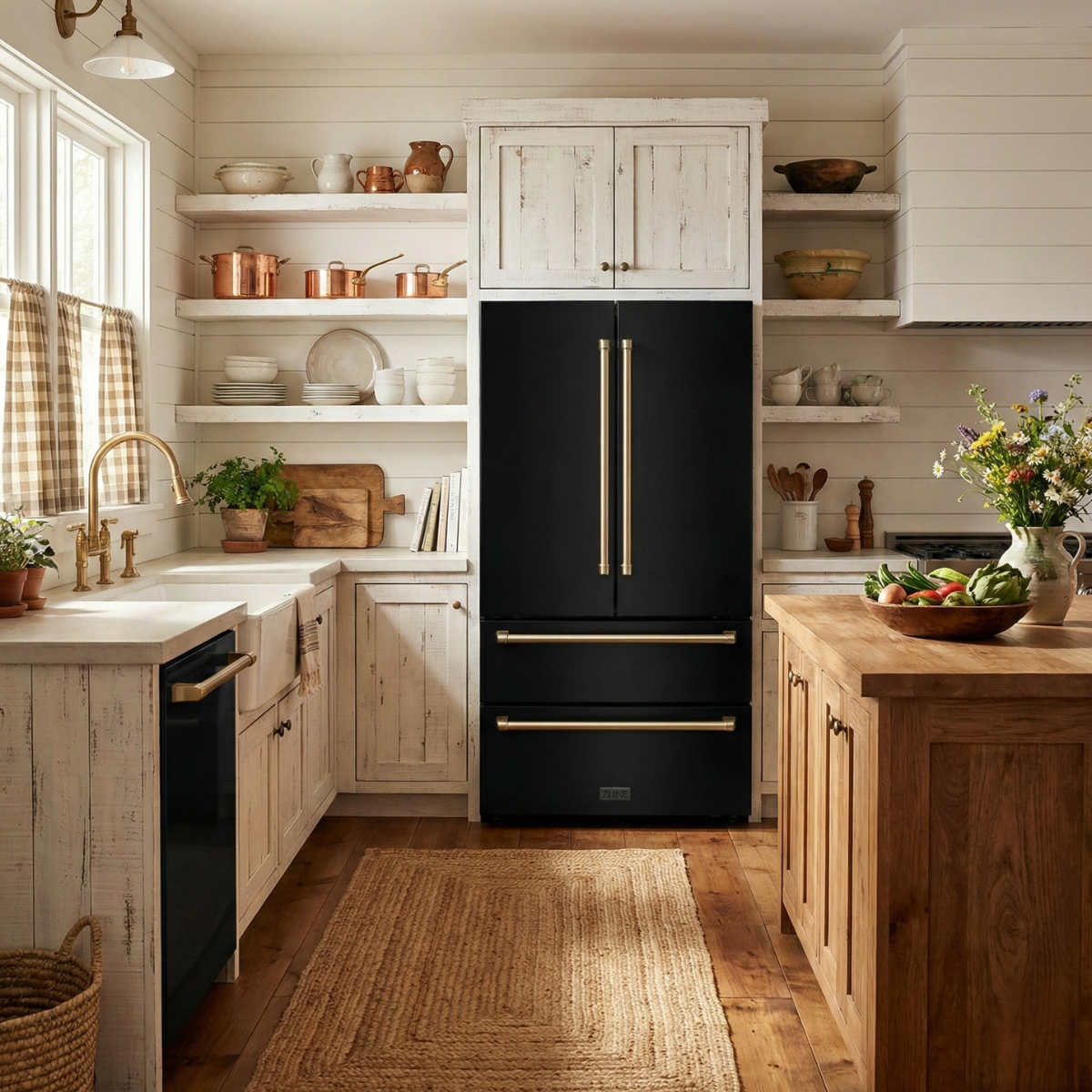 ZLINE Kitchen and Bath 36-Inch French Door Refrigerator 22.5 cu. ft. Counter-Depth Ice Maker Black Stainless Steel with Champagne Bronze Accents (RFMZ-36-BS-CB)