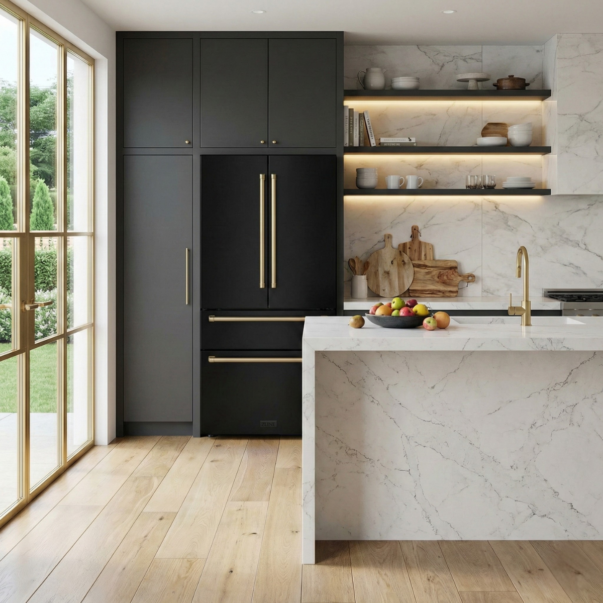 ZLINE Kitchen and Bath 36-Inch French Door Refrigerator 22.5 cu. ft. Counter-Depth Ice Maker Black Stainless Steel with Champagne Bronze Accents (RFMZ-36-BS-CB)