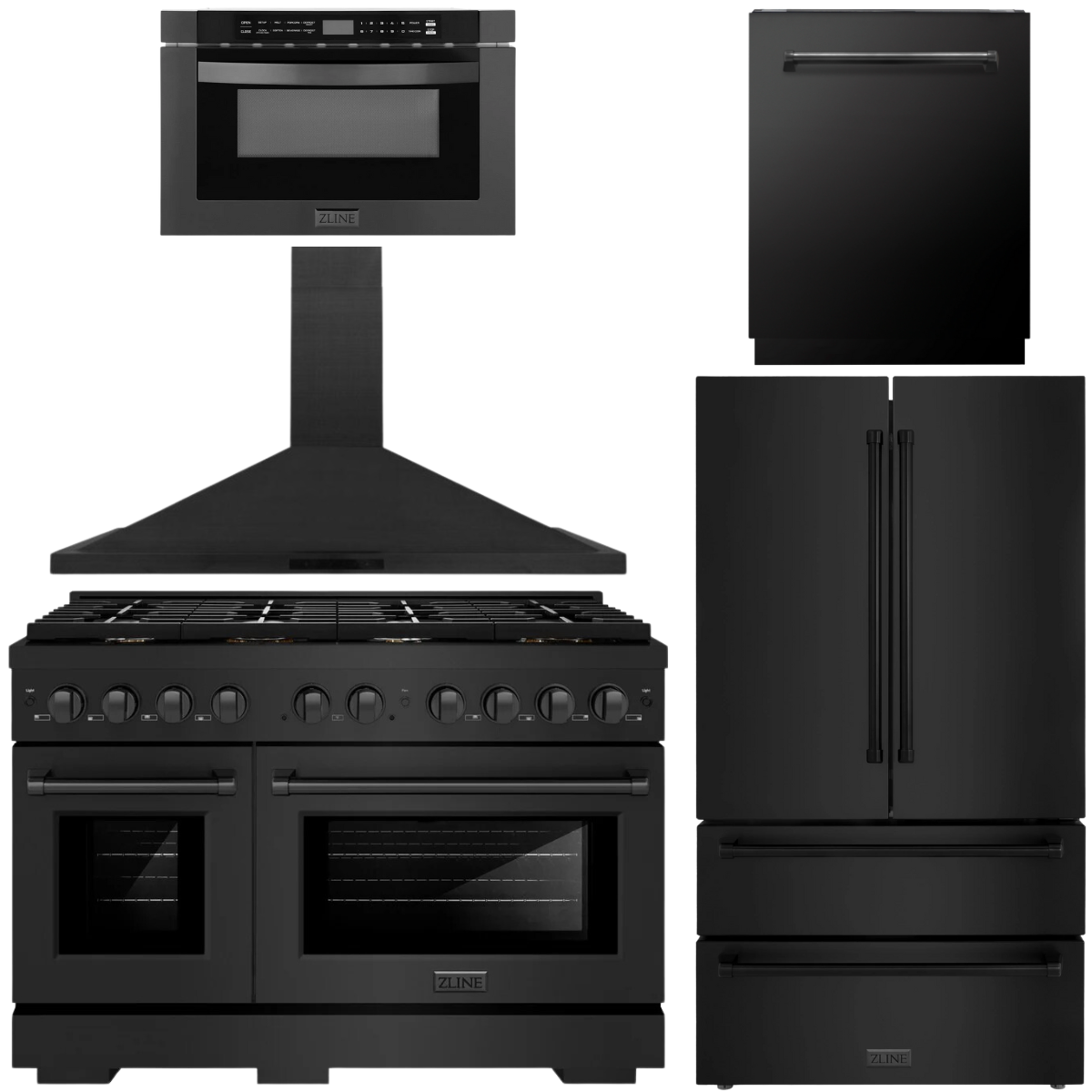 ZLINE Appliance Package - 48" Dual Fuel Range, Range Hood, 36" Refrigerator with Ice Maker, 24" Microwave Drawer and Dishwasher in Black Stainless Steel