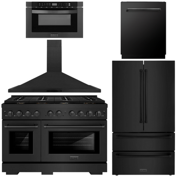 ZLINE Appliance Package - 48" Dual Fuel Range, Range Hood, 36" Refrigerator with Ice Maker, 24" Microwave Drawer and Dishwasher in Black Stainless Steel