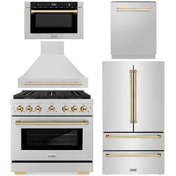 ZLINE Autograph Appliance Package - 36" Dual Fuel Range, Range Hood, 36" Refrigerator with Ice Maker, 24" Microwave Drawer and Dishwasher in Stainless Steel with Polished Gold Accents