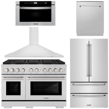 ZLINE Appliance Package - 48" Dual Fuel Range, Range Hood, 36" Refrigerator with Water/Ice Dispenser, 24" Microwave Drawer and Dishwasher in Stainless Steel