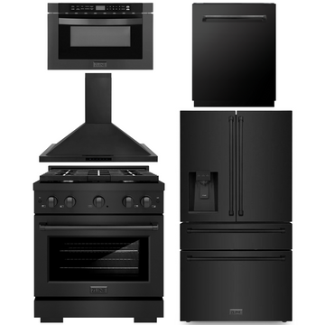 ZLINE Appliance Package - 30" Dual Fuel Range, Range Hood, 36" Refrigerator with Water/Ice Dispenser, 24" Microwave Drawer and Dishwasher in Black Stainless Steel