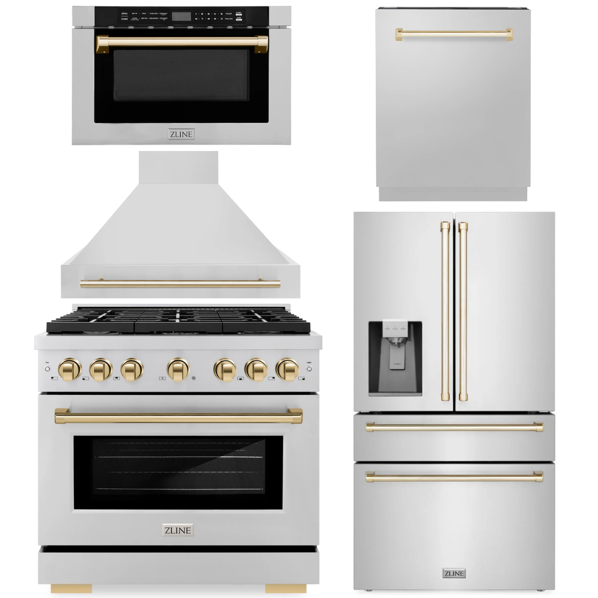 ZLINE Autograph Appliance Package - 36" Dual Fuel Range, Range Hood, 36" Refrigerator with Water/Ice Dispenser, 24" Microwave Drawer and Dishwasher in Stainless Steel with Polished Gold Accents