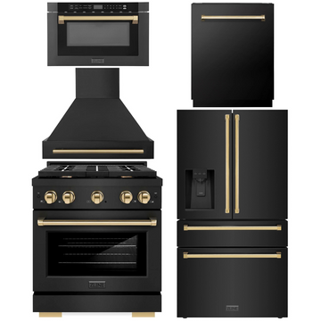 ZLINE Autograph Appliance Package - 30" Gas Range, Range Hood, 36" Refrigerator with Water/Ice Dispenser, 24" Microwave Drawer and Dishwasher in Black Stainless Steel with Champagne Bronze Accents