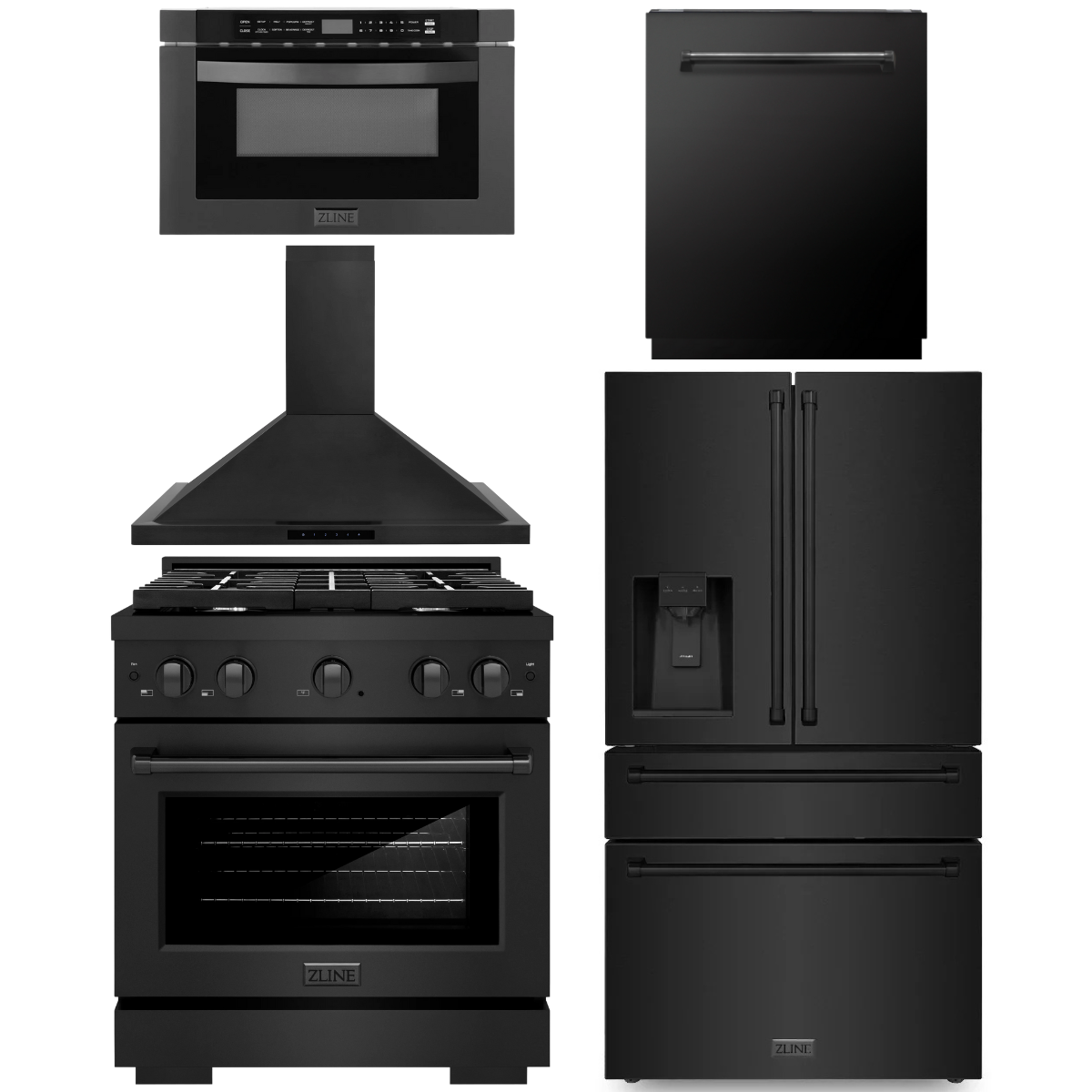 ZLINE Appliance Package - 30" Gas Range, Range Hood, 36" Refrigerator with Water/Ice Dispenser, 24" Microwave Drawer and Dishwasher in Black Stainless Steel