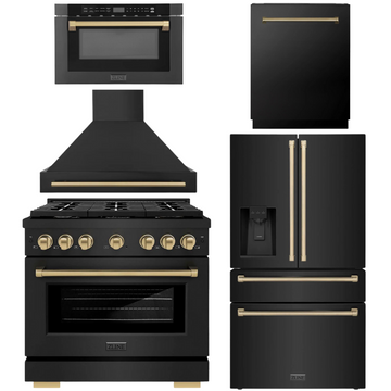ZLINE Autograph Appliance Package - 36" Gas Range, Range Hood, 36" Refrigerator with Water/Ice Dispenser, 24" Microwave Drawer and Dishwasher in Black Stainless Steel with Champagne Bronze Accents