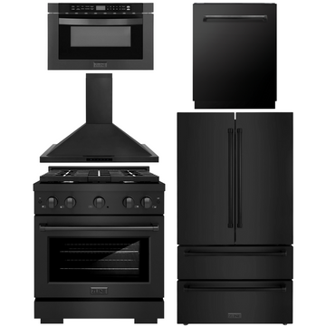ZLINE Appliance Package - 30" Gas Range, Range Hood, 36" Refrigerator with Ice Maker, 24" Microwave Drawer and Dishwasher in Black Stainless Steel