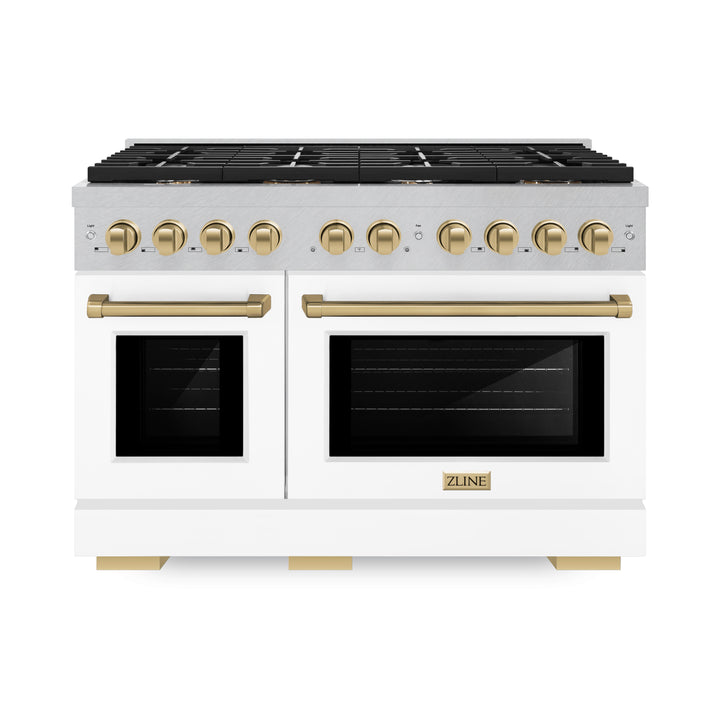 ZLINE Autograph 48 in. 6.7 cu. ft. Paramount Double Oven Gas Range with 8 Burners, Satin Stainless Steel, White Matte Doors & Champagne Bronze Accents (SGRSZ-WM-48-CB)