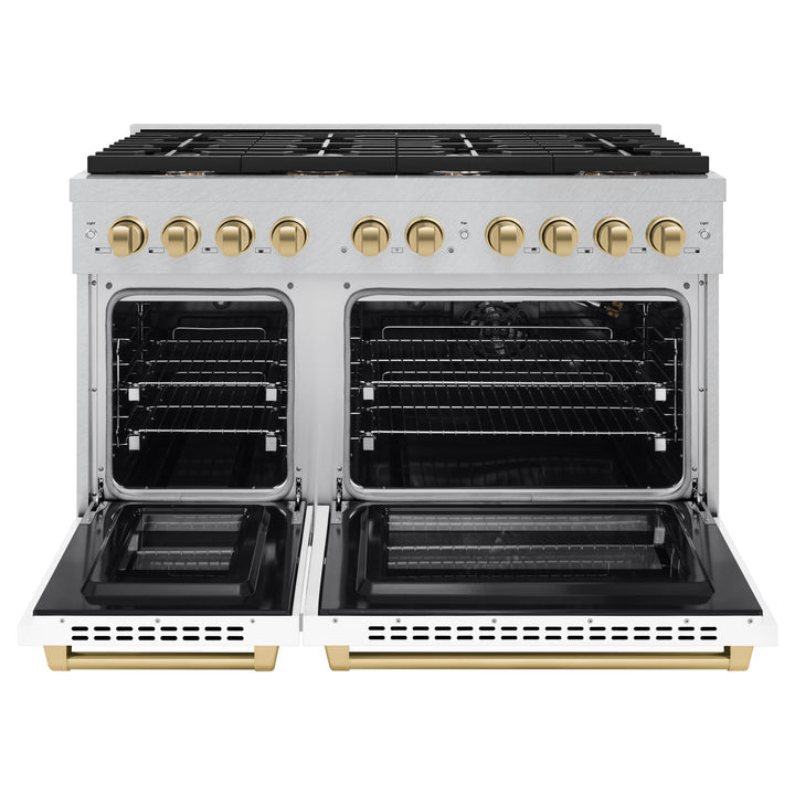 ZLINE Autograph 48 in. 6.7 cu. ft. Paramount Double Oven Gas Range with 8 Burners, Satin Stainless Steel, White Matte Doors & Champagne Bronze Accents (SGRSZ-WM-48-CB)